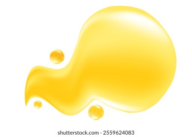 Golden yellow liquid sticky honey droplet isolated, transparent background. Glowing oil or gel texture swatch. Fluid organic form sample. Cosmetic spilled collagen serum decoration element.