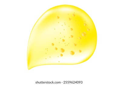 Golden yellow liquid sticky honey droplet isolated, transparent background. Glowing oil or gel texture swatch. Fluid organic form sample. Cosmetic spilled collagen serum decoration element.