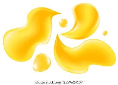 Golden yellow liquid sticky honey droplets isolated, transparent background. Glowing oil or gel texture swatch. Fluid organic form sample. Cosmetic spilled collagen serum decoration element.