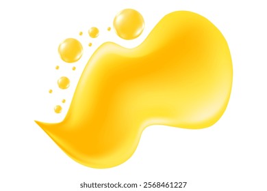 Golden yellow liquid sticky honey droplet bubble isolated, transparent background. Glowing oil or gel texture swatch. Fluid organic form sample. Cosmetic spilled collagen serum decoration element.