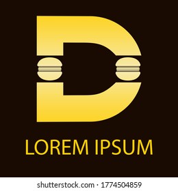Golden yellow macaroons logo isolated on black background. D letter banner with company name for dessert cafe and bakery. Donut to go sales point. Doner kebab or burger logo. Cafe restaurant sign