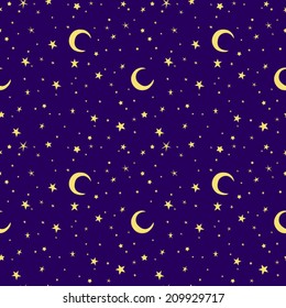 Golden yellow moon and stars sky print seamless pattern. Moons and stars illustration on blue sky background.