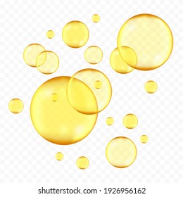 Golden, yellow oil drops, bubbles vector illustration on transparent background