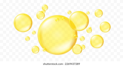 Golden, yellow oil drops, bubbles vector illustration on transparent background