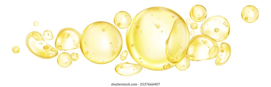 Óleo amarelo dourado, gota de gel líquido com bolhas de ar,Primer de maquiagem de soro de óleo cosmético isolado,gel de colágeno anti envelhecimento hidro soro.3d Produto cosmético para cuidados com a pele,essência hidratante ácido.