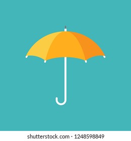 Golden yellow open umbrella. Flat icon isolated on blue. Flat design. Vector illustration. Rain protection symbol. Rainy weather sign. 