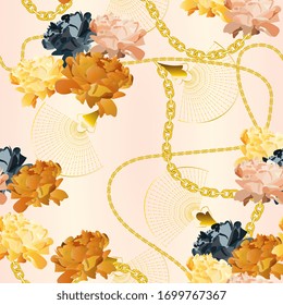 Golden, yellow, orange roses on a delicate beige, cream, pink satin background. Gold chains and jewelry and flowers. Seamless vector pattern for fabric and wallpaper.