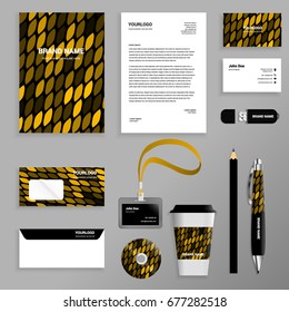 Golden yellow pattern Corporate identity template set. Business stationery mock-up with logo. Branding design. Geometric background.