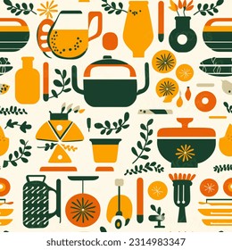 Golden Yellow Red Sap Green Kitchen Tools: Abstract Scandinavian Design Seamless Pattern