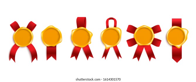 Golden yellow seal wax stamp with read silk ribbon in bow and loop shape - isolated realistic set. Vintage letter or warranty certificate element, vector illustration.