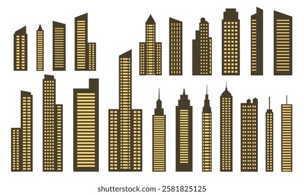 Golden Yellow Silhouette Elements Set of Skyscraper Tower Building in City Town