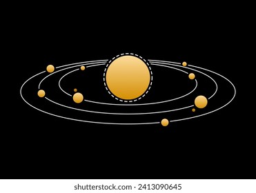 Golden yellow solar system planet stars science icon on black background vector design