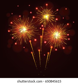 Golden yellow sparkling vector fireworks over night sky. Independence Day 4th of July, New Year holidays background.