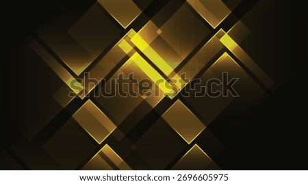 Golden yellow squares and rectangles overlap on a gradient black background, creating a geometric modern pattern with sharp angles and glowing, illuminated edges and sleek transparency