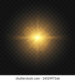 Golden yellow Star burst with dust and sparkle isolated. Glow light effect with rays and shine particles on transparent background Vector eps 10 
