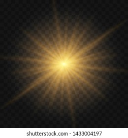 Golden yellow Star burst with dust and sparkle isolated. Glow light effect with rays and shine particles. 