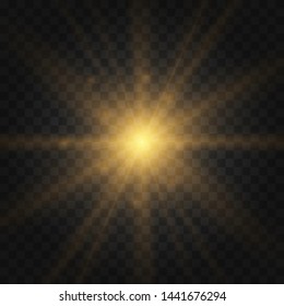 Golden yellow Star burst with dust and sparkle isolated. Glow light effect with rays and shine particles. 