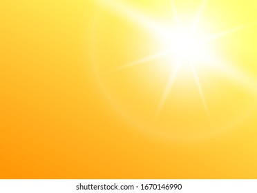 Golden yellow summer sky with bright white sun with realistic hot glow - sunshine ray and beam effect on colorful background. Vector illustration.