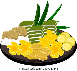 Golden yellow Thai dessert set, fudge egg yolk, meatball cooked in syrup, golden thread, Thai custard with sweet sticky rice, made from flour and pandan eggs
