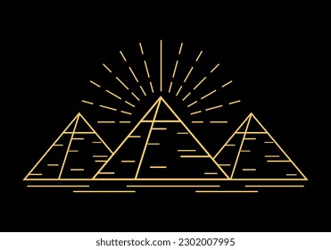 Golden yellow three egypt ancient pyramids of giza are egyptian pharaoh tomb with light ray on black background line outline vector black icon design.