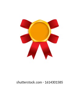 Golden yellow wax seal stamp with realistic red silk ribbon underneath - isolated vintage insignia template isolated on white background, vector illustration.