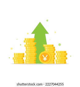 golden yen coins stack with arrow up. Flat icon isolated on white. Economy, finance, money, investment symbol. Currency growth diagram concept. Vector illustration.