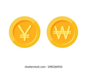 Golden yen and won coins isolated on white background. Currency flat vector illustration. Economy, finance, money wallpaper. Income, business symbol