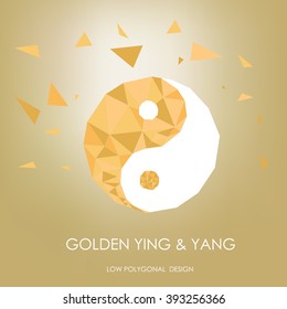 Golden ying and yang low polygonal desing concept. Comleted isolated element.