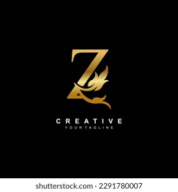 Golden Z letter logo design with beautiful luxury floral element