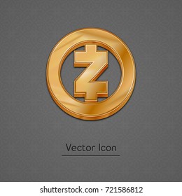 Golden Zcash coin symbol isolated web vector icon. Zcash coin trendy 3d style vector icon. Raised symbol illustration. Golden Zcash coin crypto currency sign.