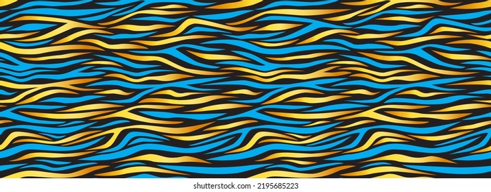 Patrón abstracto de cebra dorada sin fisuras. Bandas azules, fondo repitiendo. Impresión vectorial para telas, carteles, pancartas. 