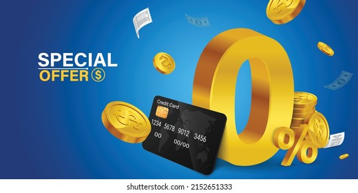 Golden zero percent or 0 % special Offer.Special 0% offer with credit card in front. all on a blue background.
Special offers, discounts on payments with coins floating around.