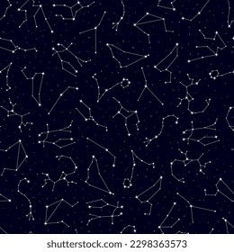 Golden zodiac constellation, glowing stars seamless pattern, astrological symbols repeating print. Horoscope signs, constellations of sparkling stars on white background vector illustration