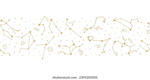 Golden zodiac constellations, astrology seamless pattern on white. Constellations of shiny gold stars repeating print, starry sky, astrological forecast, horoscope vector illustration