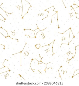 Golden zodiac constellations seamless pattern, astrological forecast, magic repeating print. Astrology, horoscope signs, constellations of stars vector illustration on white