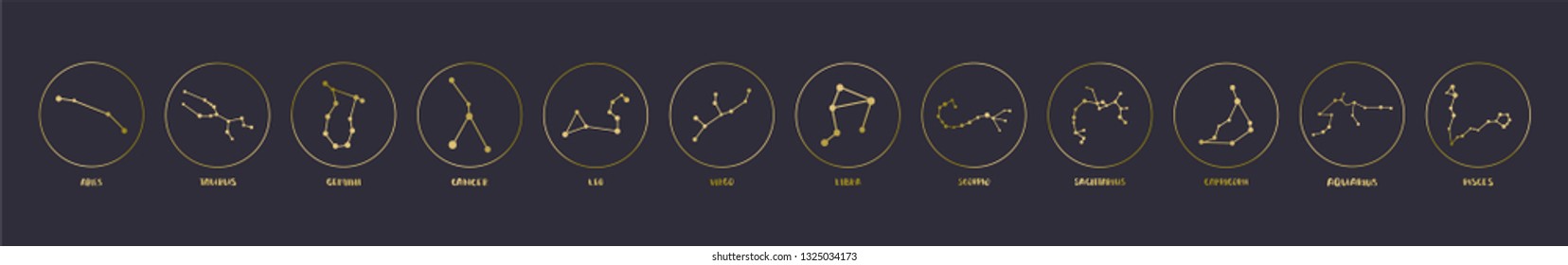 Golden Zodiac Constellations set. Eps 10.