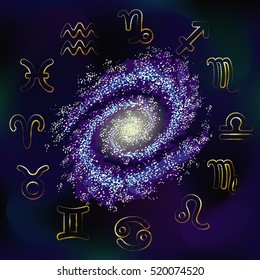 Golden zodiac horoscope signs set. Astrology symbols shining galaxy. Gold purple violet dark blue space colors background. Icon sparkling logo vector illustration.