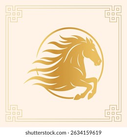 Golden zodiac horse illustration in Asian style frame