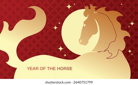 Golden zodiac horse on red background. Chinese new year 2026 banner illustration. Zodiac horse profile head.