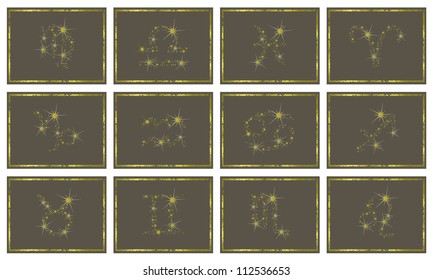 Golden zodiac set Golden set of zodiac signs created from stars on the dark background