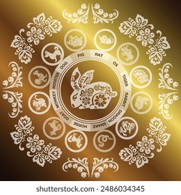 Golden zodiac sign hare, vector illustration