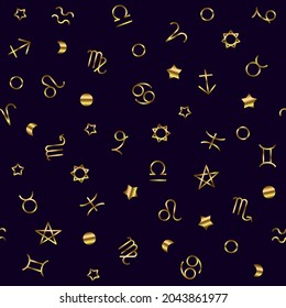 golden zodiac signs  and geometric shapes on black background. Stylish abstract seamless pattern in trendy style Vector illustration
