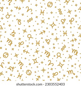 Golden zodiac signs, horoscope symbols seamless pattern on white background. Texture for wallpaper, fabric, wrapping paper, web page design template vector illustration