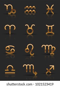 Golden Zodiac Signs. Icons Set. Vector Illustration.
