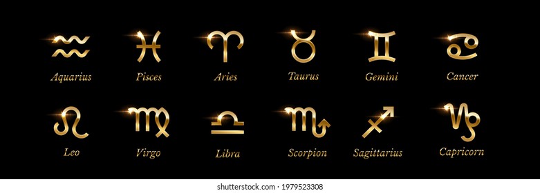 Golden zodiac signs with names set on black background. Astrology symbols and horoscope vector illustration. Shiny metal aquarius, pisces, aries, taurus, gemini, cancer, leo, virgo, scorpion.