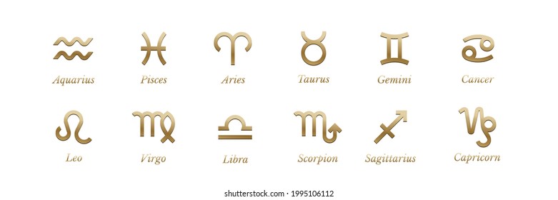 Golden zodiac signs with names set on white background. Astrology symbols and horoscope vector illustration. Shiny metal aquarius, pisces, aries, taurus, gemini, cancer, leo, virgo, scorpion.