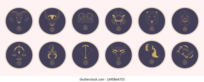 Golden zodiac signs in a purple circle. Trendy vector illustration.