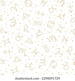 Golden zodiac signs seamless pattern, astrological symbols repeating print on white background. Astrological, horoscope symbols, constellations of sparkling stars vector illustration