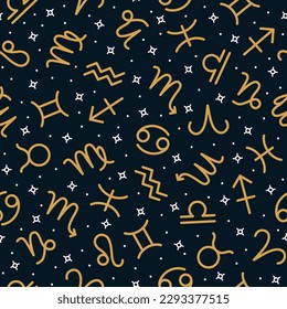 Golden zodiac signs seamless pattern, horoscope symbols repeating print on dark blue background for fabric, packaging, wrapping paper design. Astrology, esoteric, celestial signs vector illustration