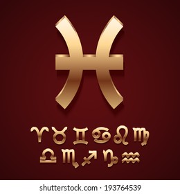Golden Zodiac Symbol Icons on dark background. Vector illustration